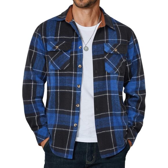 Coofandy Men Black Blue Flannel Plaid Button Down Jacket Shirt with Pockets - Picture 1 of 5